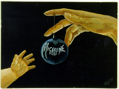 Patient painting of a dark bauble labelled Migraine held between hands.